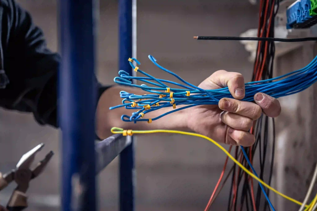 Elektriker 7 male electrician works switchboard with electrical connecting cable